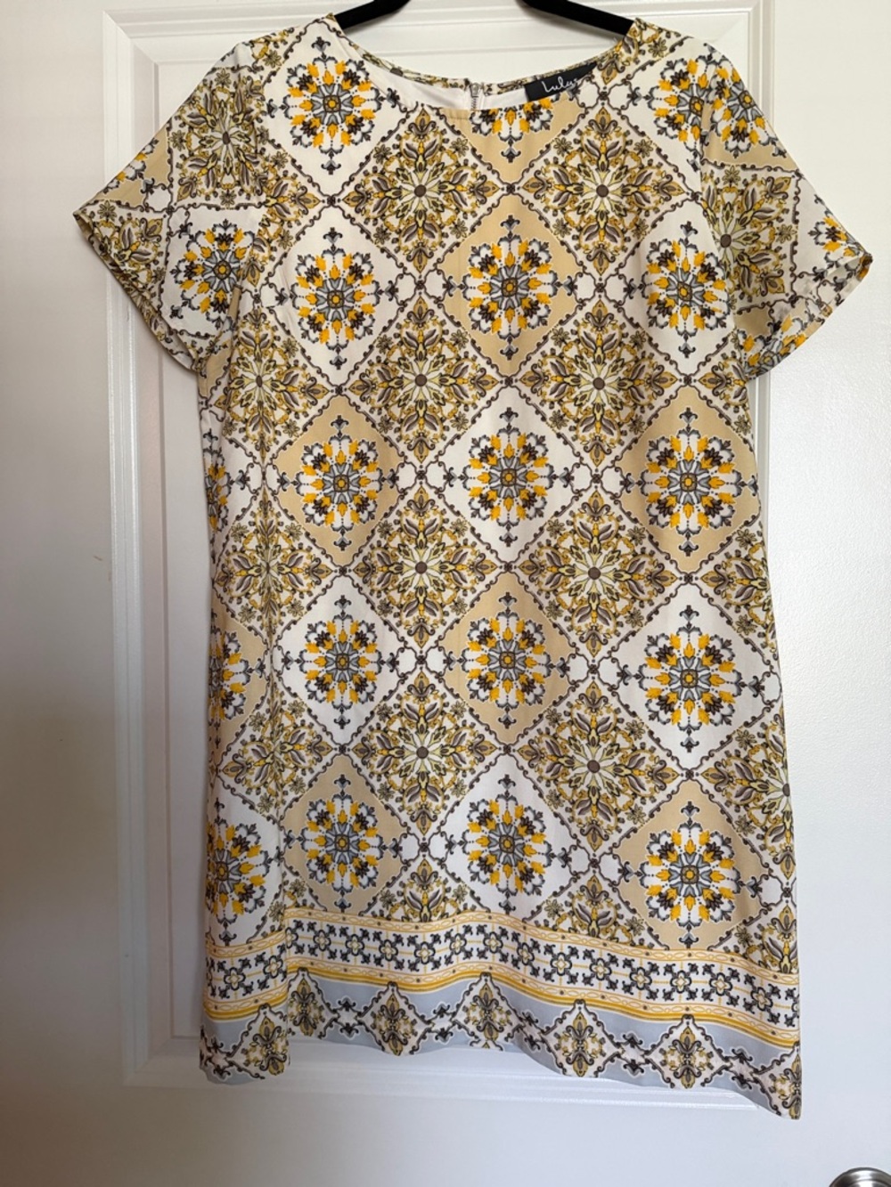 Lulu's Shift Dress with Yellow and Brown Tile Motif